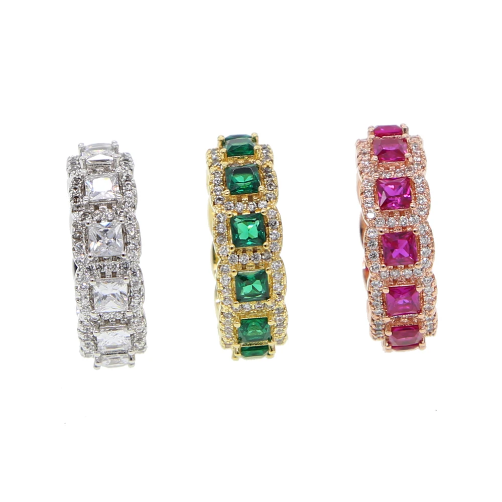 Кольцо женское под розовое золото с фианитом квадратное красное и зеленое -