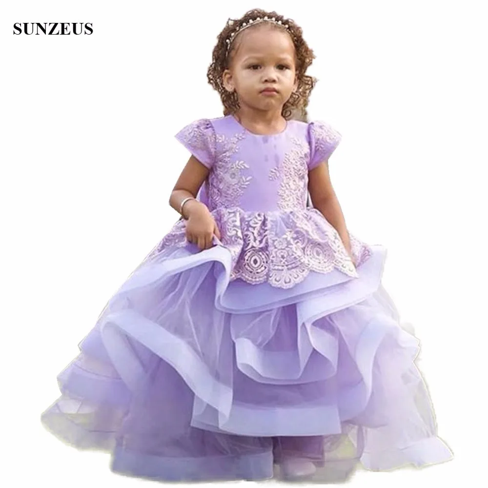 

Ball Gown Purple Flower Girl Dress Cute Ruffles Children Party Gowns With Appliques vestidos de comunion FLG070