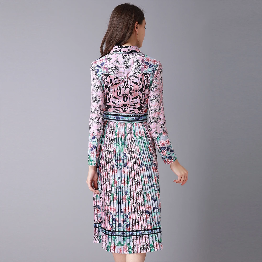 2018 New Fashion Pretty Print Pleated Dress High Quality Spring Turn-down Collar Knee-Length Slim Elegant Female | Женская одежда