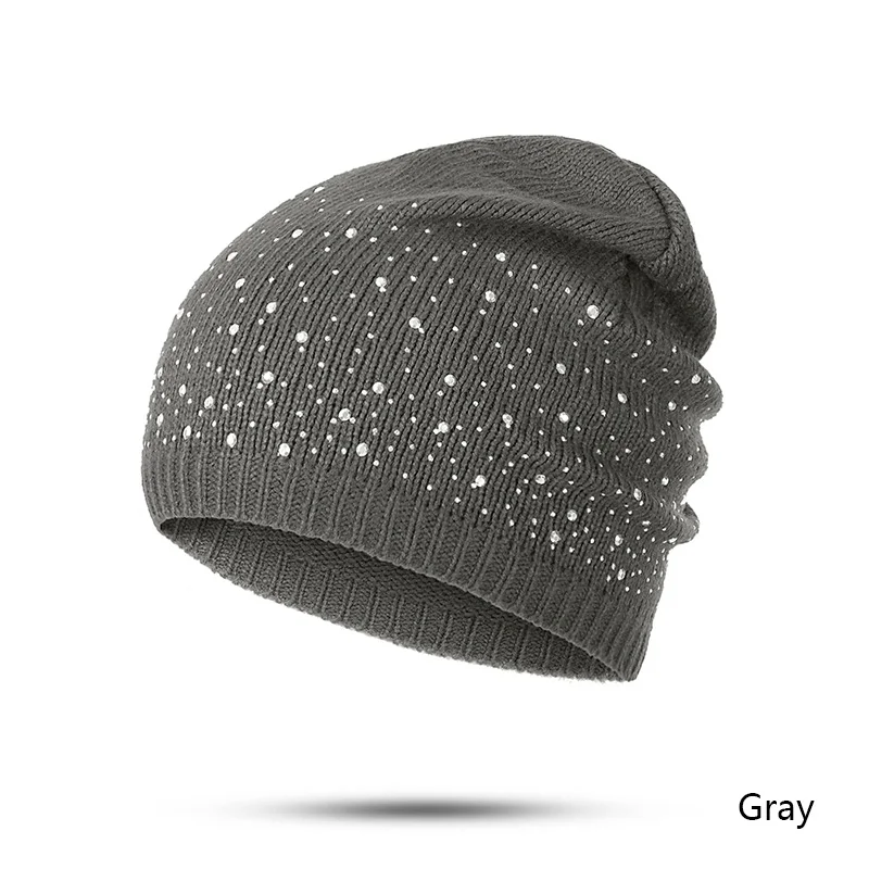 gray CANCHANGE новая зимняя Шапки Для женщин Хлопок шапочки Skullies однотонные Лидер продаж вязаный Для женщин зимние шапки с Стразы - Цвет: gray