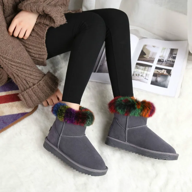 Winter Women Boots Colorful Hair Snow Short Tube Cotton Shoes Woman Fashion Leather Warm Botas Zapatos De Mujer Gray | Обувь