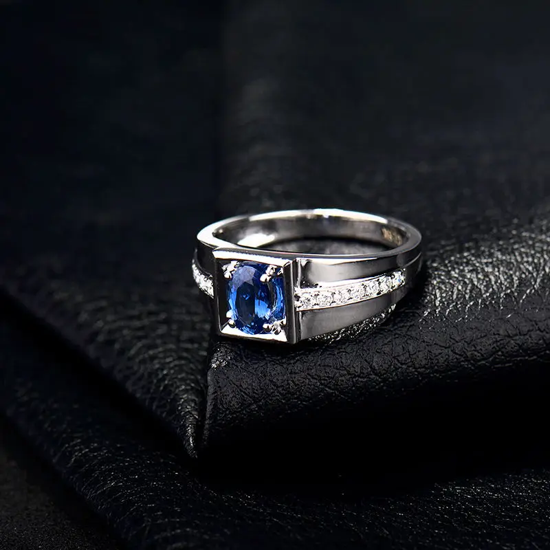Loverjewelry Solid 18Kt из белого золота природные алмазы, синий сапфир для мужчин овальное кольцо 4x6 мм драгоценный камень для мужчин WU292