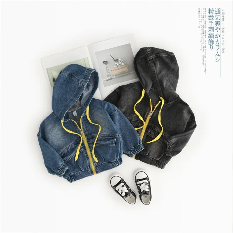 

Spring Autumn New Toddler Baby Boys Hooded Denim Jacket Coat Zipper Black&Blue Cowboy Outerwear Coats Kids Children Windbreaker