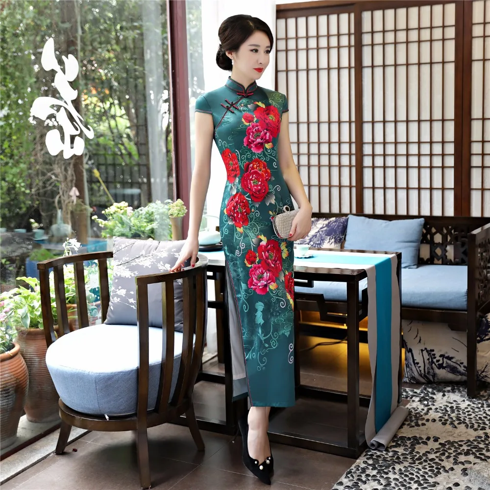 Шанхай история искусственного шелка Qipao Платье длинное Cheongsam национальный тренд платья короткий рукав тонкий Традиционный китайский платье для женщин