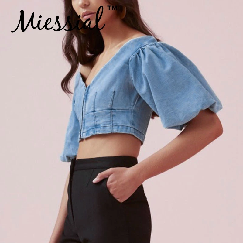 Miessial Denim off shoulder sexy crop top Lantern sleeve short tube tank women Zipper elastic party female streetwear |