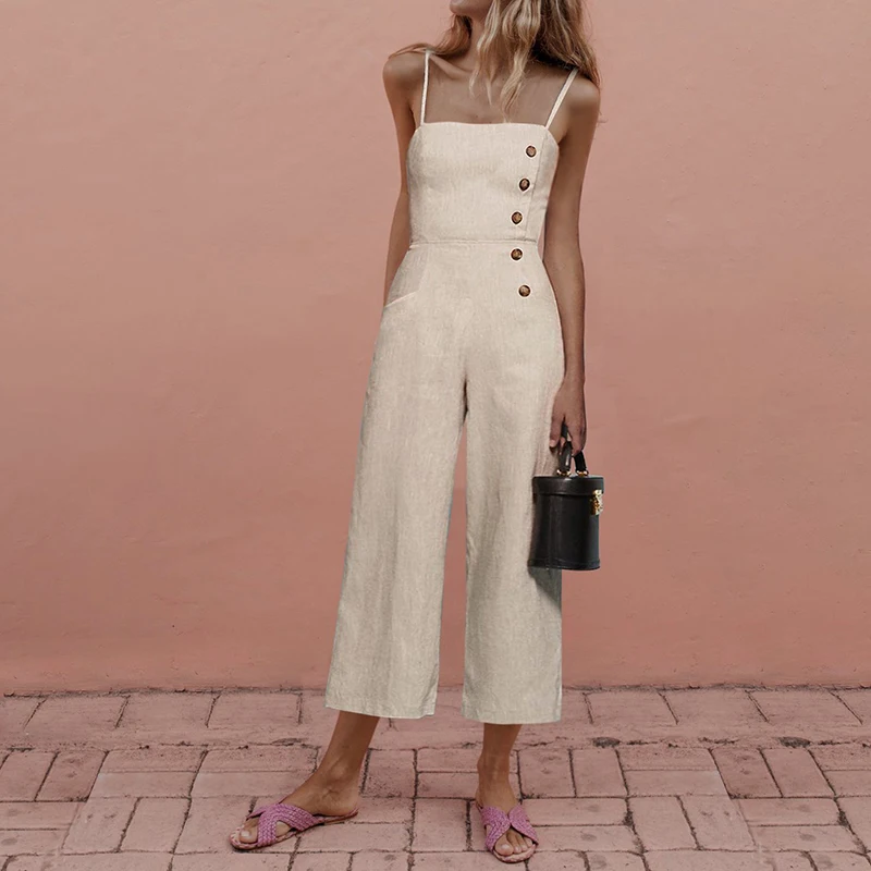 Элегантный женский комбинезон без рукавов свободные длинные штаны на пуговицах