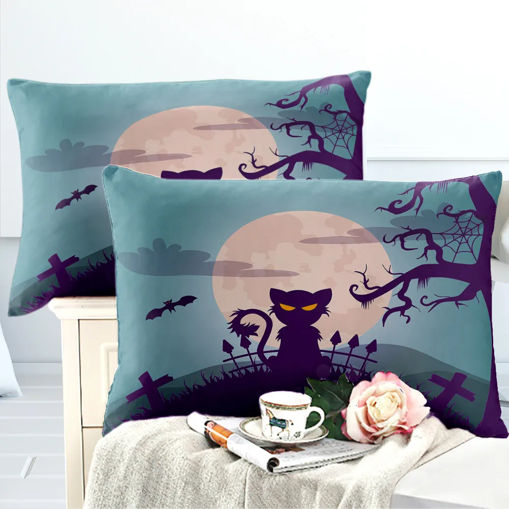 

Halloween Cartoon Cat Bedding Set Horrible Moon Night Duvet Cover Set Festival Gift Bedclothes Pillowcase Home Textile 3Pcs D35