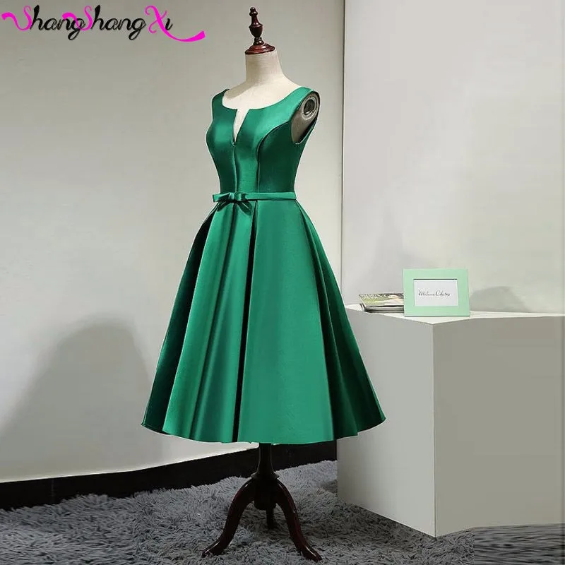 Зеленый Атласная Чай Длины Коктейльные Платья Лук Пояса Открыть Назад Короткие