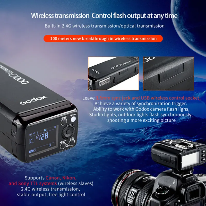 Godox AD200 200Ws 2 4 г ttl мини флэш Strobe Light + Xpro s триггера передатчик для sony Камера С Батарея