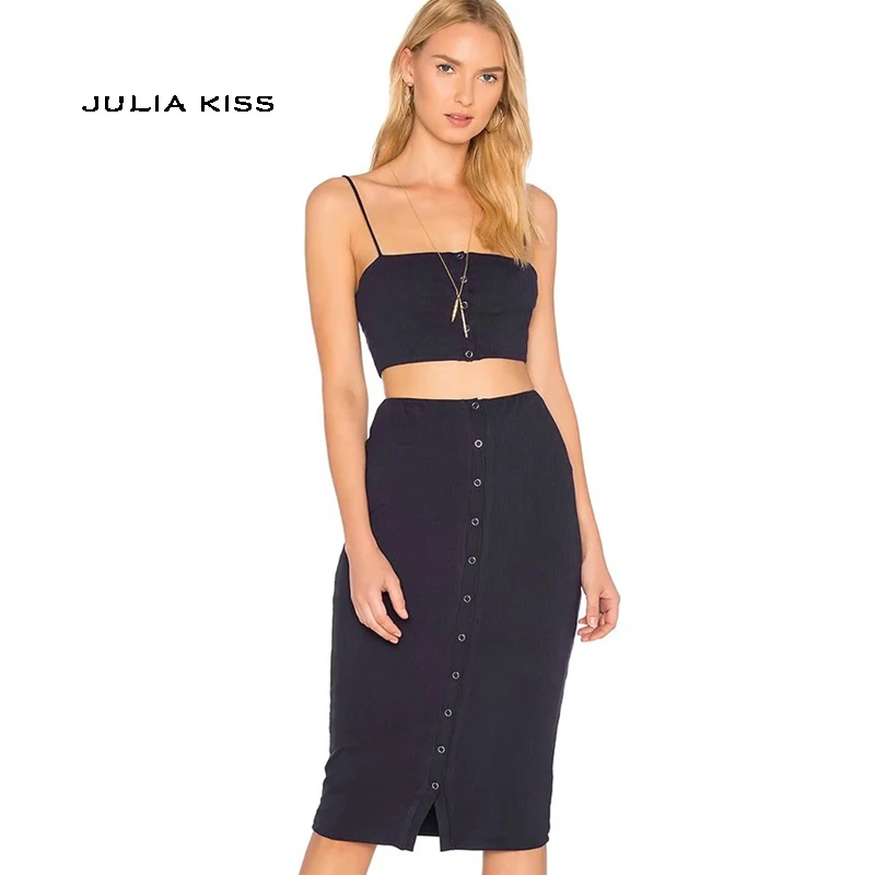 

Women Crop Button Crop Cami Top With Button Skirt Two Pieces