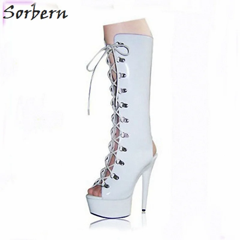 

Sorbern Fashion 15Cm Spike High Heels Women Boots Knee High Open Toe And Open Heel Lace Up Ladies Shoes Boots Women Black/Red