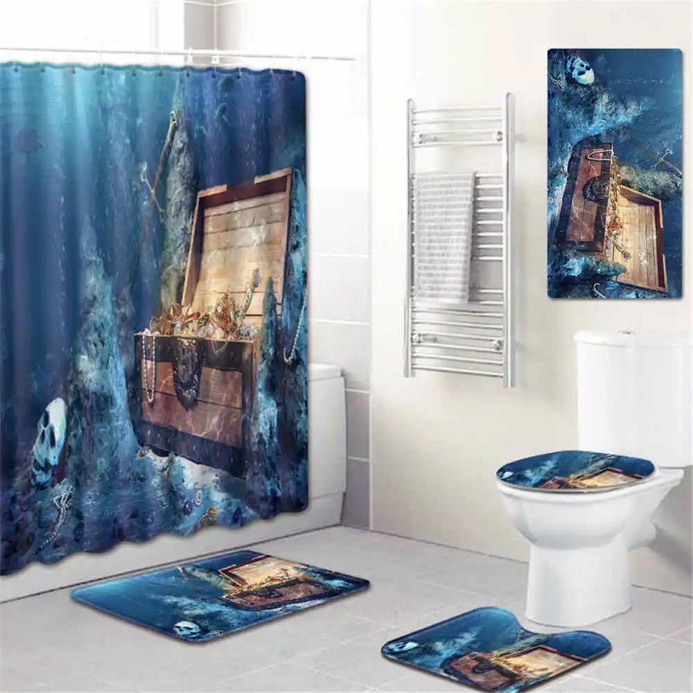 5Pcs/Set 3D Skull Shower Curtain Bath Rug Set Toilet Cover Bath Mat Set Bathroom Accessories Curtains With Hooks