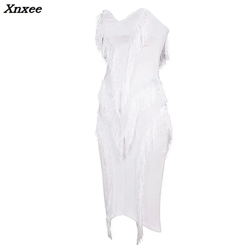 

2018 Sexy Celebrity Cocktail Party Dresses Women Black Strapless Vestidos Tassel Knee Length Back Zipper Bodycon Dress Xnxee