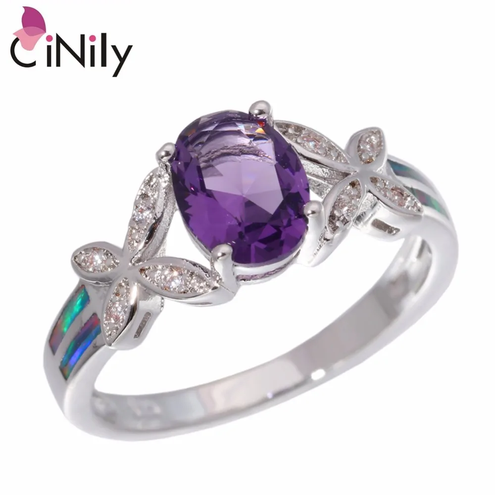 Женское посеребренное кольцо CiNily с радужным огненным опалом и фиолетовым