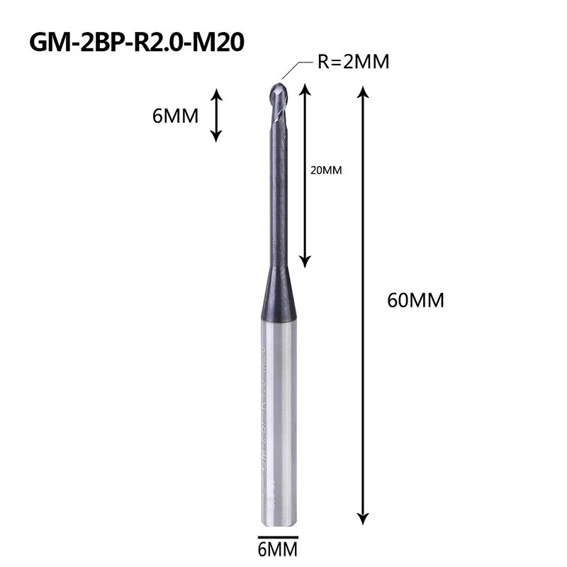 GM-2BP R1.0-R2.5, Вольфрамовая сталь, 2 флейты, круглый нос, длинная шея, короткая режущая кромка, с покрытием, Концевая фреза с ЧПУ, фреза, режущие инструменты - Длина режущей кромки: GM-2BP-R2.0-M20
