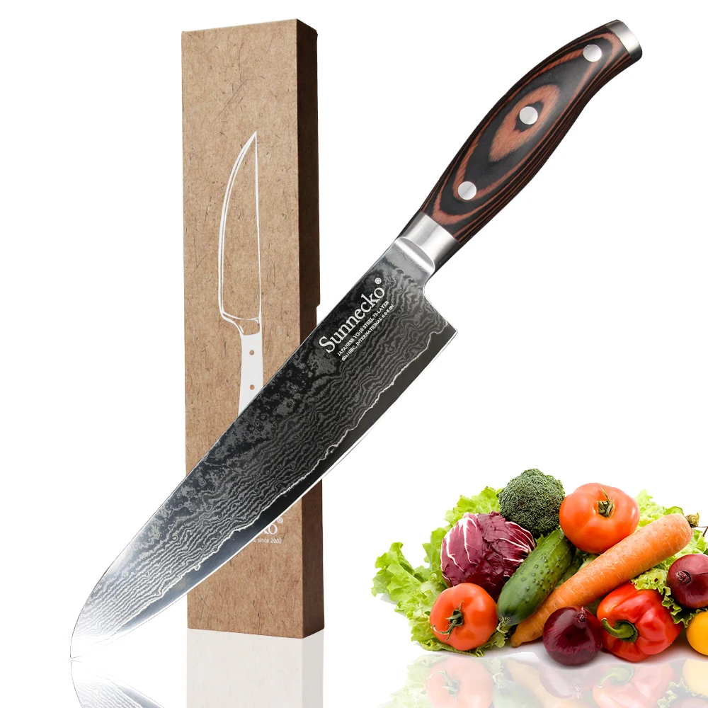 

SUNNECKO 8" Chef Knife Damascus Steel Japanese VG10 Blade Kitchen Knives Pakka Wood Handle Sharp Meat Chef's Cutter Tool