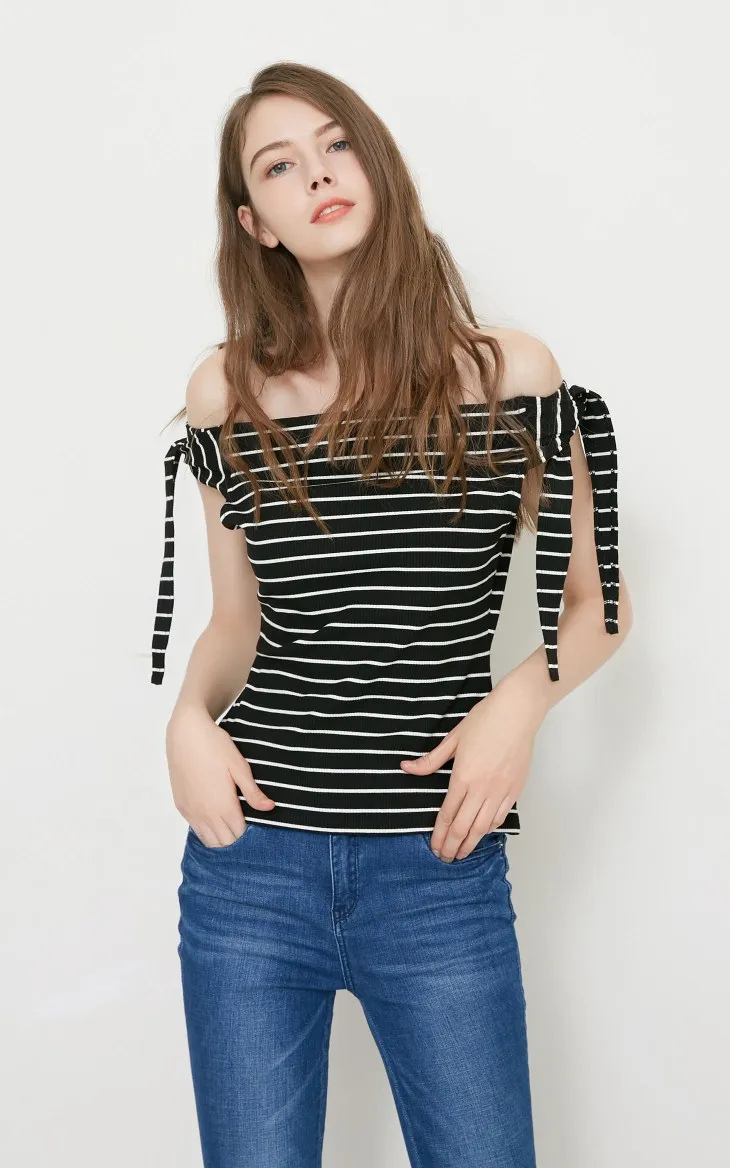 Vero Moda Женская Полосатая футболка с вырезом лодочкой и декоративными рукавами | 318201550