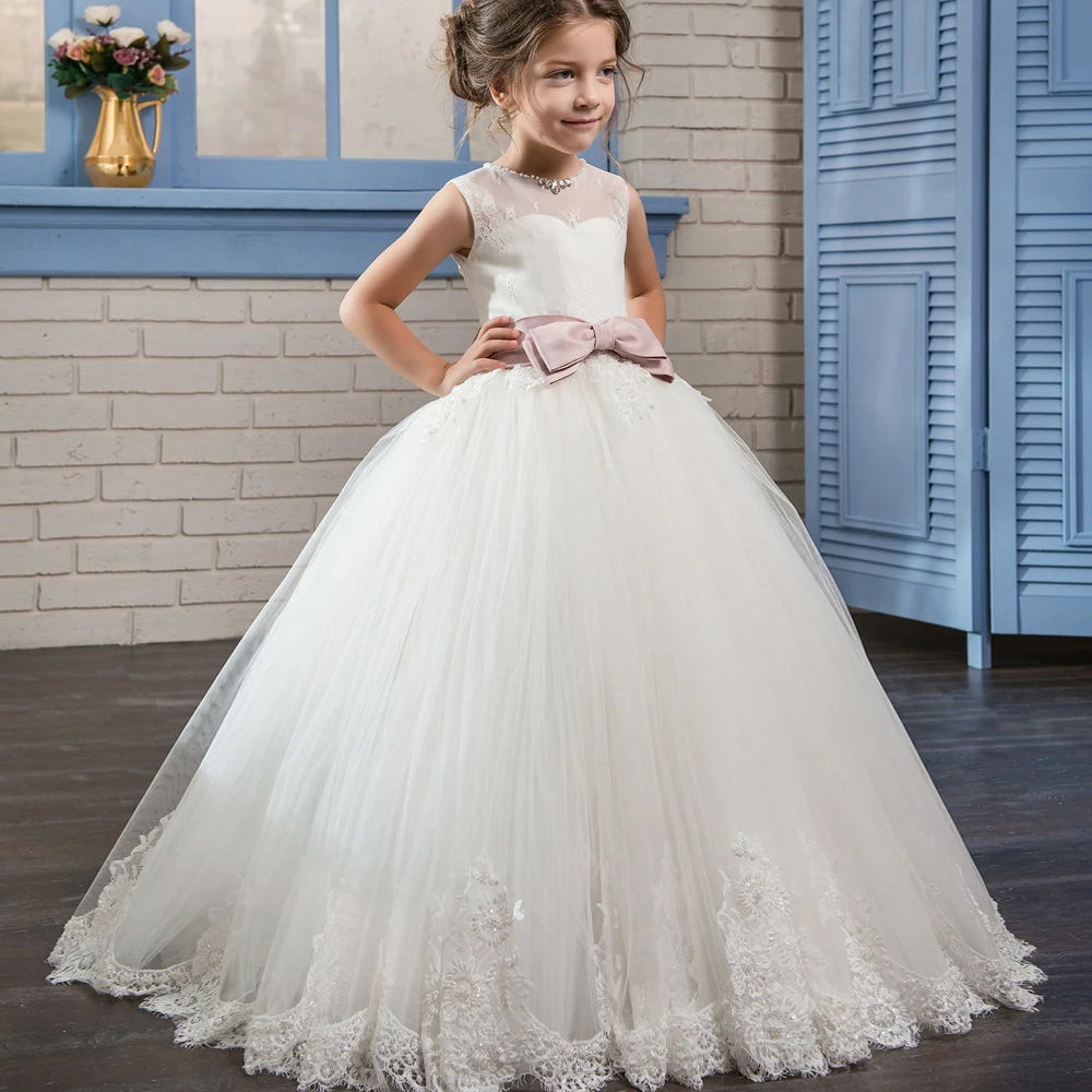 Princess Mesh Dress Lace Appliques Sleeveless Up Open Back Floor Length Ruffle Gorgeous Tulle Ball Gowns 2-12 | Детская одежда и