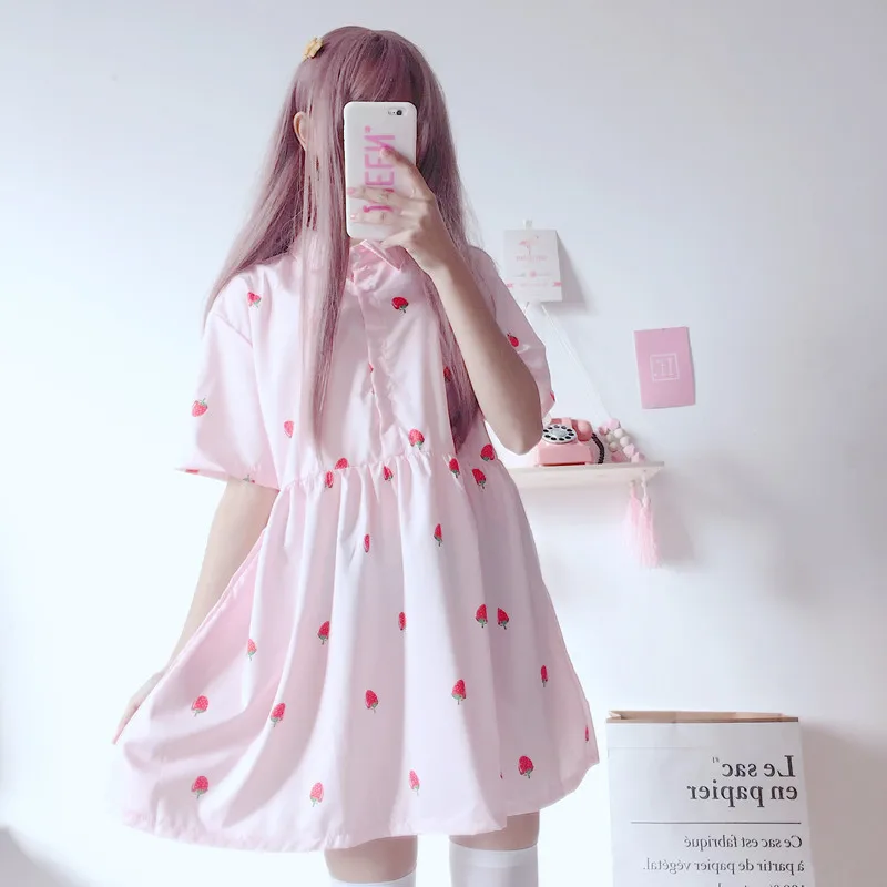 Женские платья японский Harajuku Ulzzang маленькое шифоновое платье с принтом клубники
