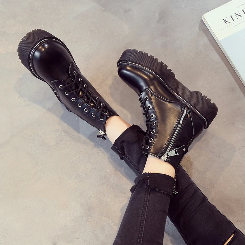 Новые модные женские ботинки черные ботильоны на молнии с круглым носком обувь