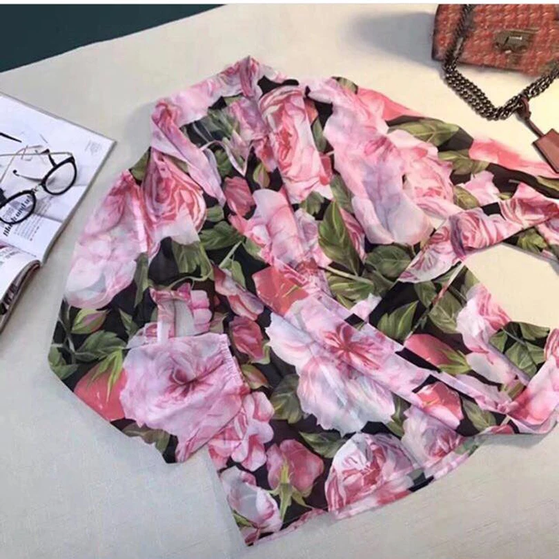 Женская блузка с бантом на воротнике модельная дизайнерская принтом роз 2017|blouse