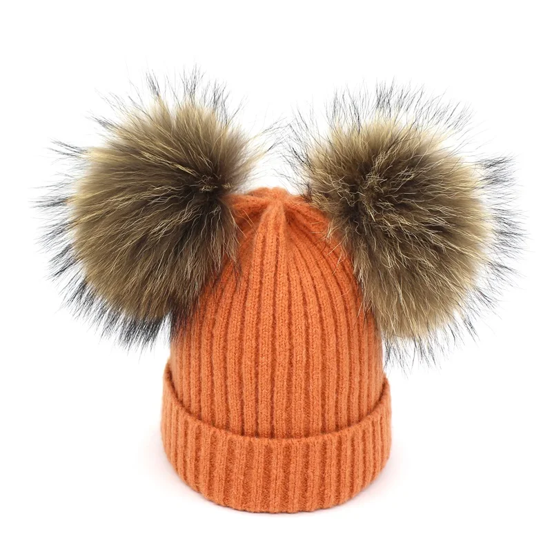 

Lanxxy Real Mink Fur Pompom Cap Women Winter Hats Girls Knitted Wool Cotton Hats Two Pom Poms Skullies Beanies Bonnet Female Cap