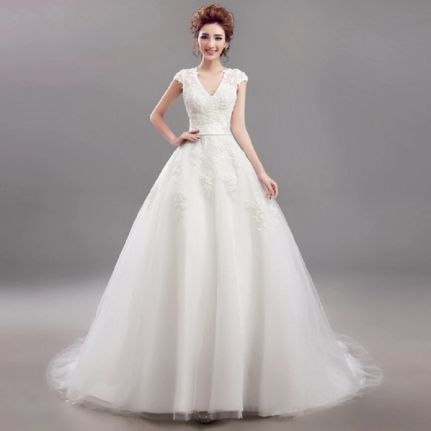 Fansmile Vestido De Noiva с коротким рукавом и v-образным вырезом винтажное кружевное свадебное платье свадебное Тюлевое FSM-640T