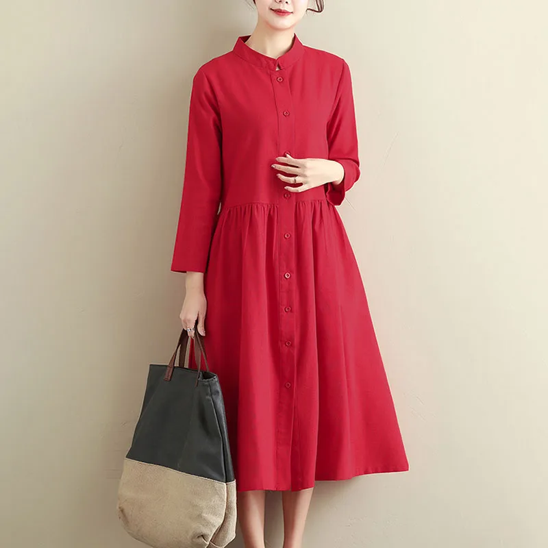 2019 Long Sleeve spring Autumn Dress Folk Style Women's Cotton Linen Turn-down Collar Casual Dresses Buttons Pockets aa886 | Женская