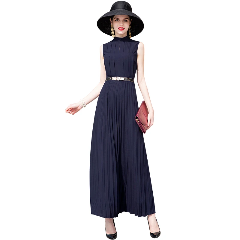 

Летнее шифоновое Модное Длинное Платье, темно-синее плиссированное платье, офисное женское элегантное платье, вечерние няя Клубная одежда ...