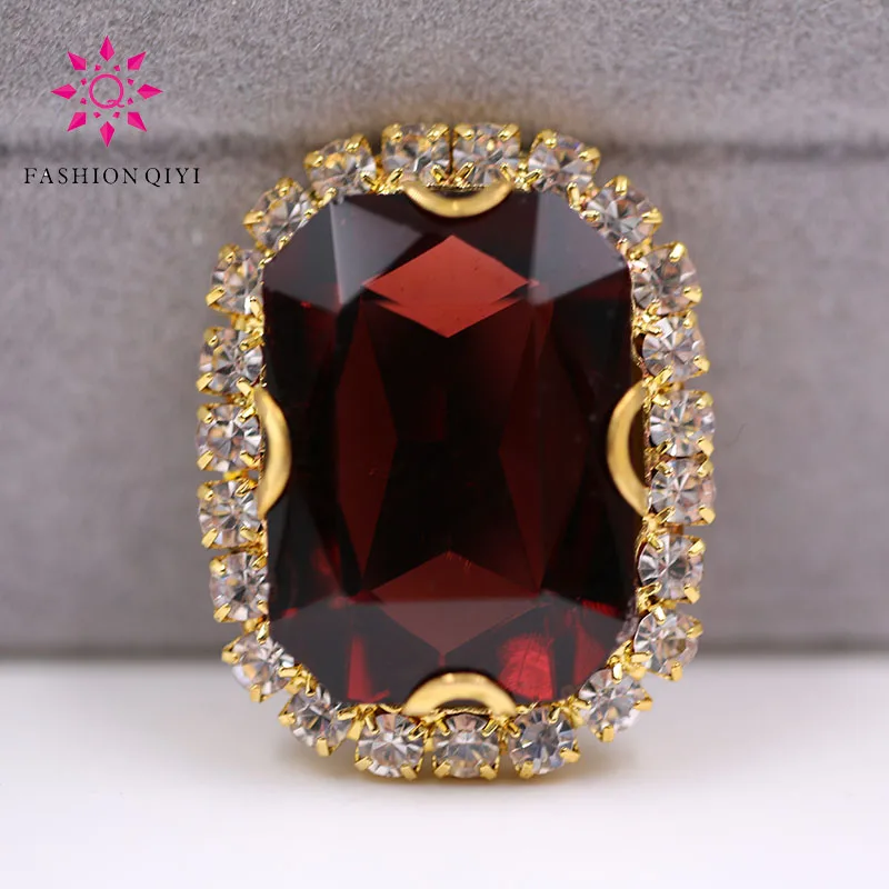 

Gold base Rectangular octagonal shape Wine Red sew on rhinestones glass Crystal button DIY Wedding dress/clothing accessories