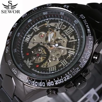 luxury brand automatic mechanical watch for male skeleton lettering dial military sports watches black stainless steel strap