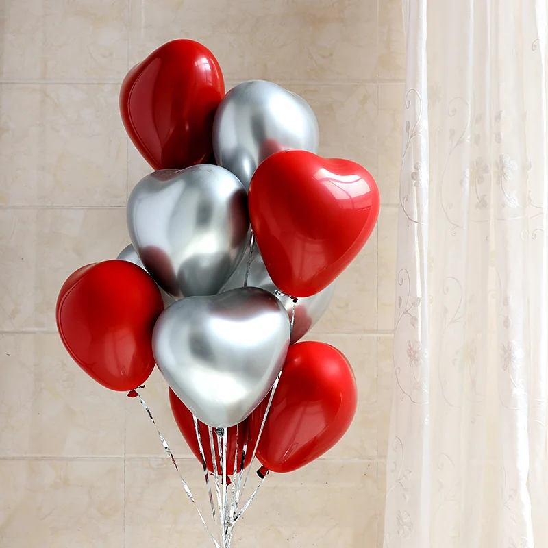 Металлические шары в форме сердца золотого и серебряного цвета, хромированный латекс, 10 штук в упаковке, розовая декорация, свадебные принадлежности.