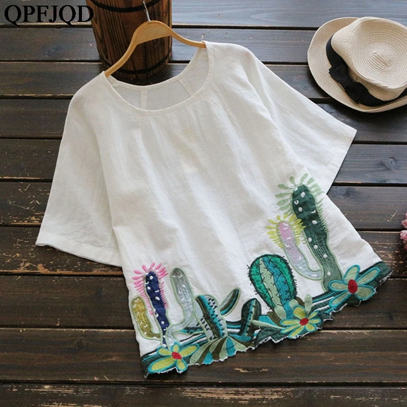 Хлопковая льняная блузка и рубашка с коротким рукавом для женщин девочек Милая