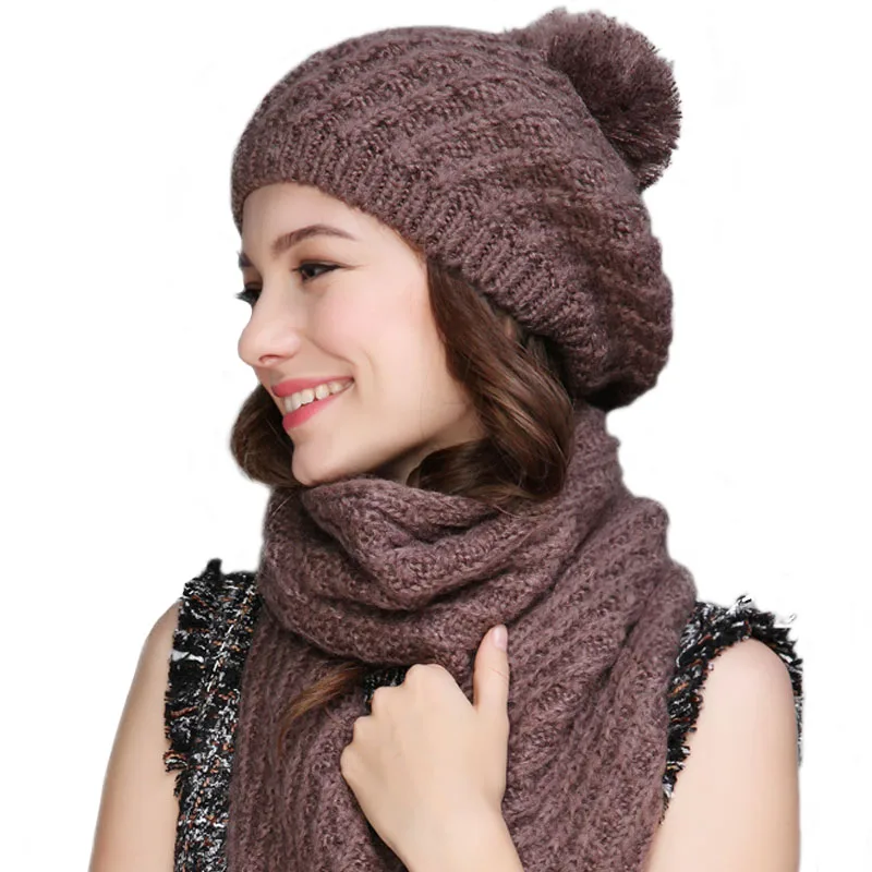 Chocolate Color FS, осенне-зимняя вязаная шапка, шарф, набор, мохеровые шапки, мягкие, с помпонами, на шее, теплый модный берет, стильный, для женщин, Skullies, женские шапочки - Цвет: Chocolate Color