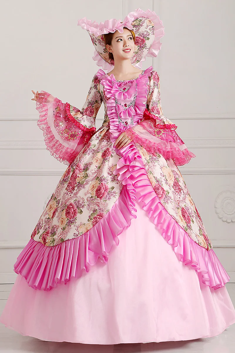 

pink flowers ruffled floral printing ball gown with hat medieval dress Renaissance Gown princess cos Victorian/Marie Antoinette
