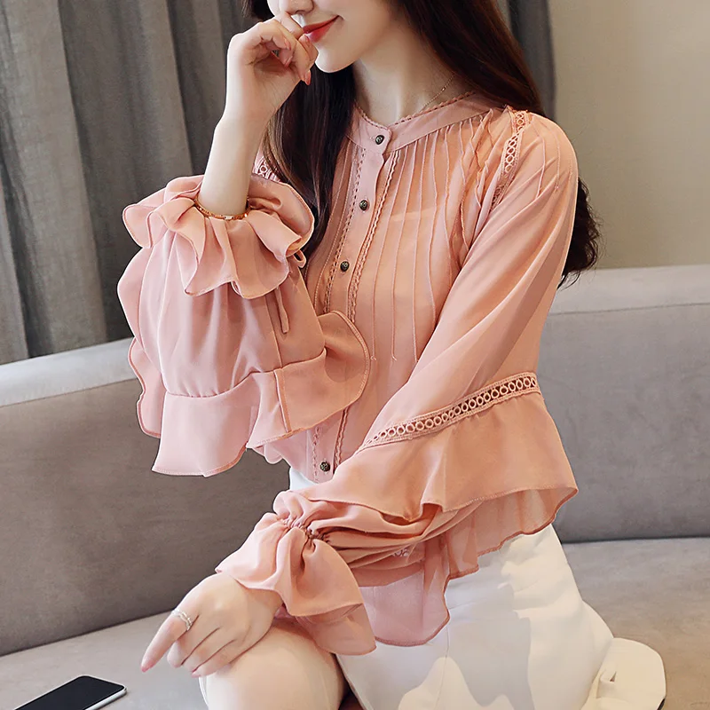QoerliN S-XXL выдалбливают сексуальная мода оборками Блузка женские офисные