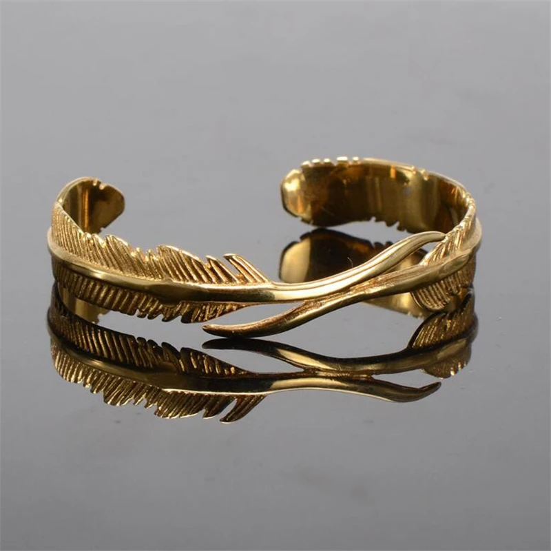 

Gold Color Feather Stainless Steel Bracelet Men Open Cuff Bangles Bracelets For Women Punk Men Jewelry Couple pulseira masculina