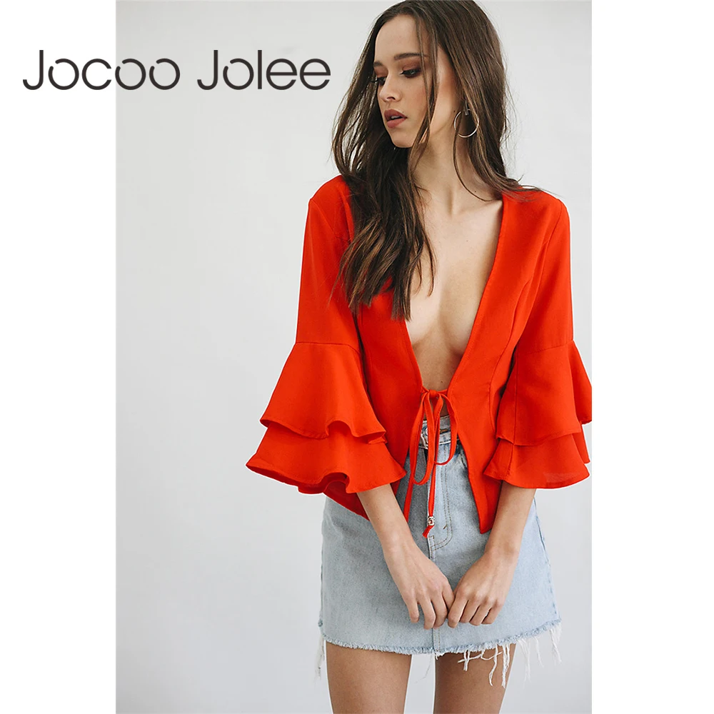 

Jocoo Jolee Sexy Lace-up Women Coat with Three Quarter Butterfly Sleeves V-Neck Loose Winter&Spring Coat 2017 Global Shopping