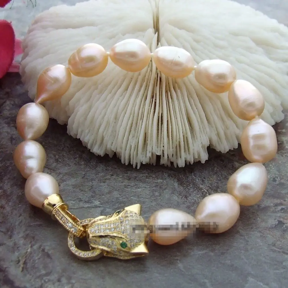 

New natural 8 inch 10-11 mm pink freshwater pearl bracelet Leopard head button