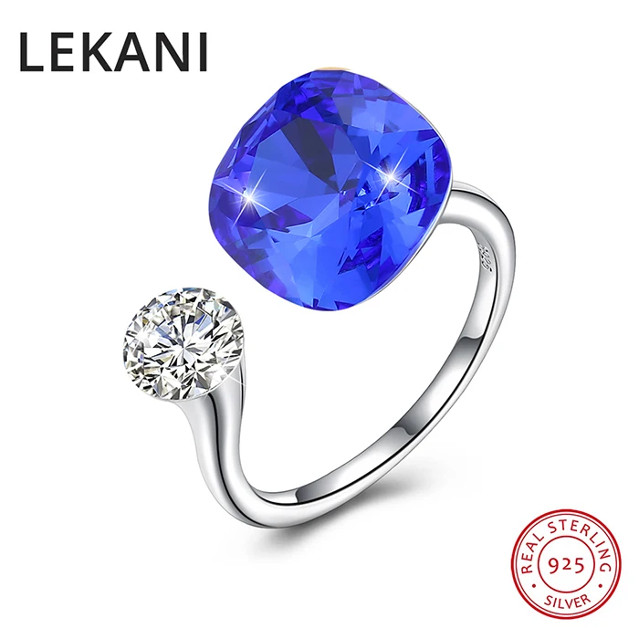 Кольца swarovski с квадратными кристаллами LEKANI для женщин, Настоящее серебро 925 пробы, роскошные кольца с регулируемым размером, романтическое ювелирное изделие, подарок - Цвет камня: Sapphire