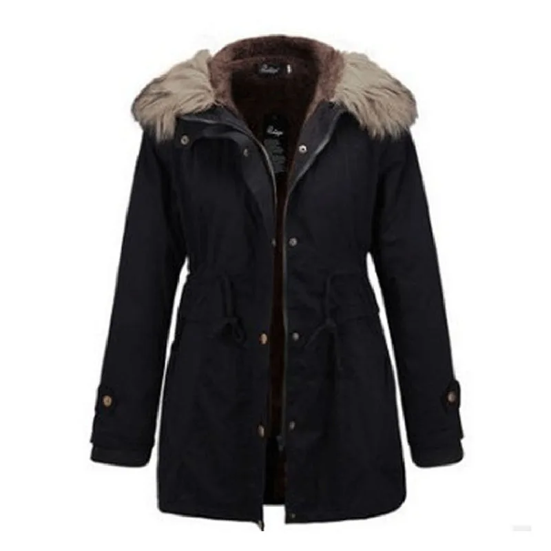 Женское длинное пальто с меховым воротником капюшоном Тонкая зимняя парка