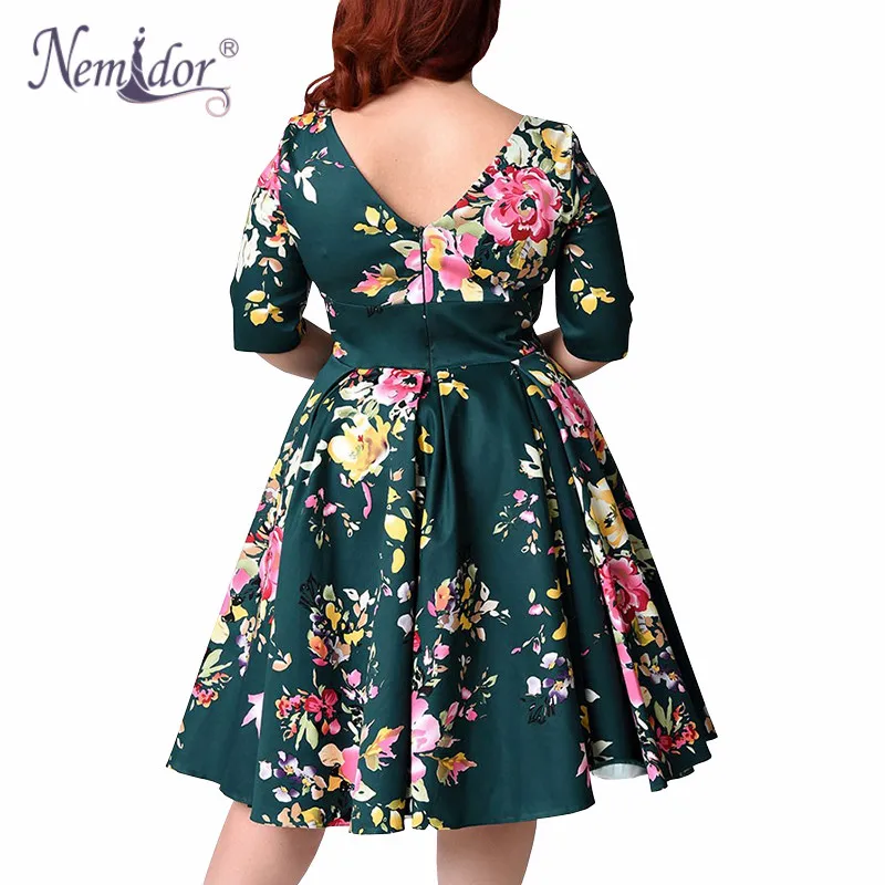 Nemidor женское винтажное платье 1950s с коротким рукавом размера плюс 8XL 9XL с принтом А-силуэта, Сексуальные вечерние платья средней длины с v-образным вырезом на спине, элегантное свободное платье