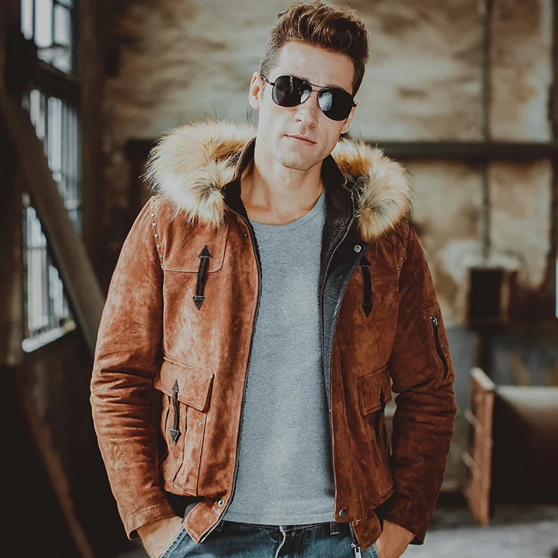 Мужская мотоциклетная куртка с меховой шапкой кожаные куртки из свиной шкуры