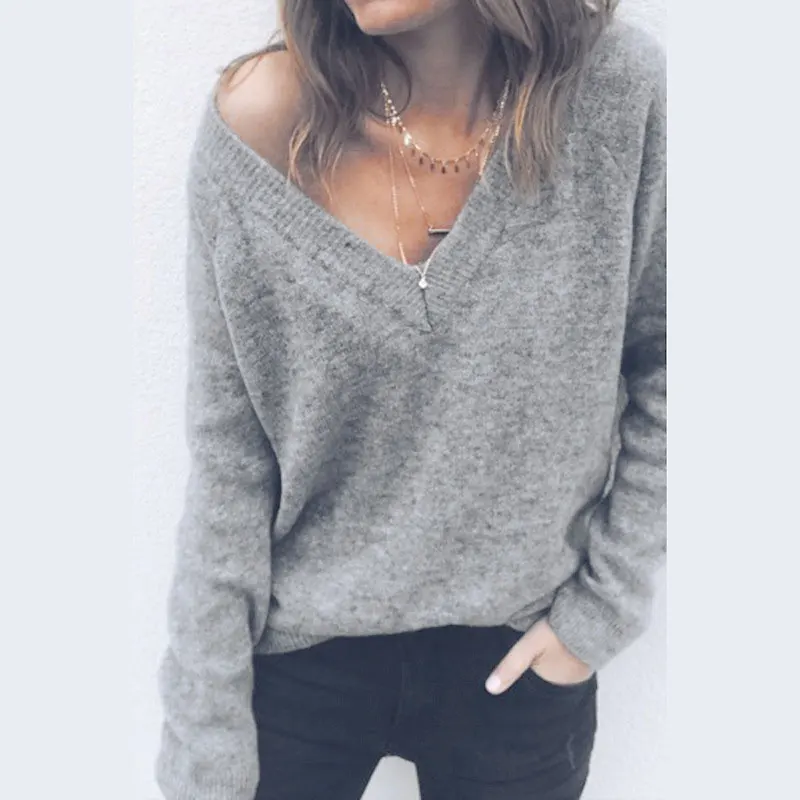 2019 autumn and winter new woolen large V-neck long-sleeved Sweater top female Solid Colors Loose Female Sweaters | Женская одежда