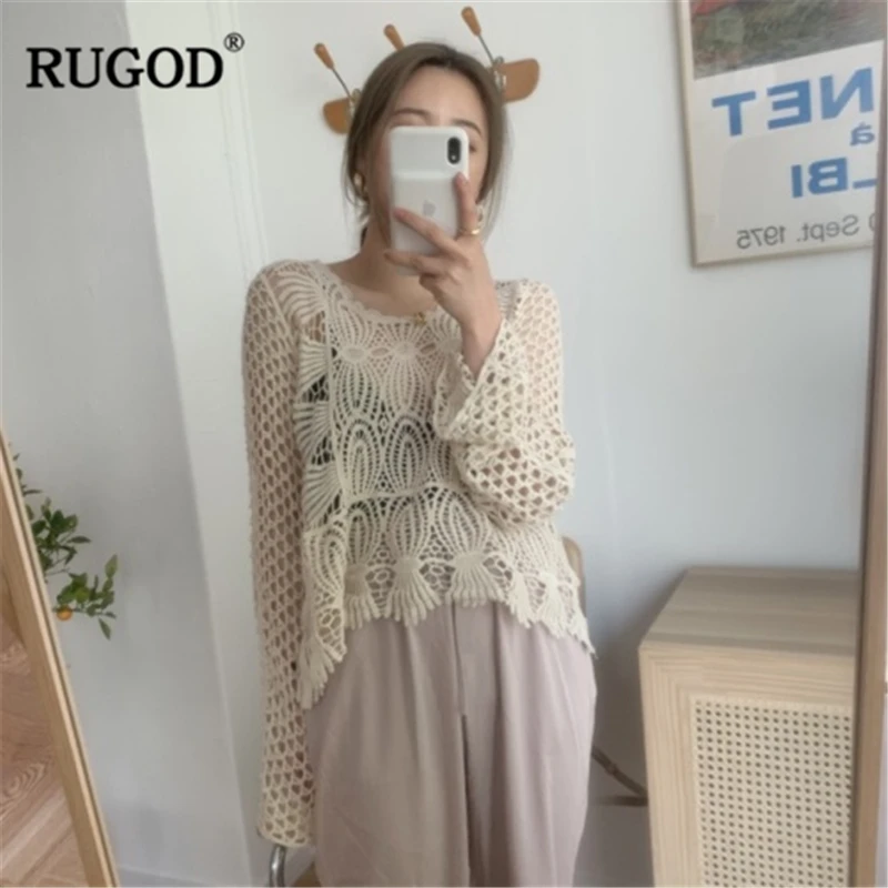 Женская кружевная рубашка RUGOD прозрачная Свободная блузка с о-вырезом и длинными