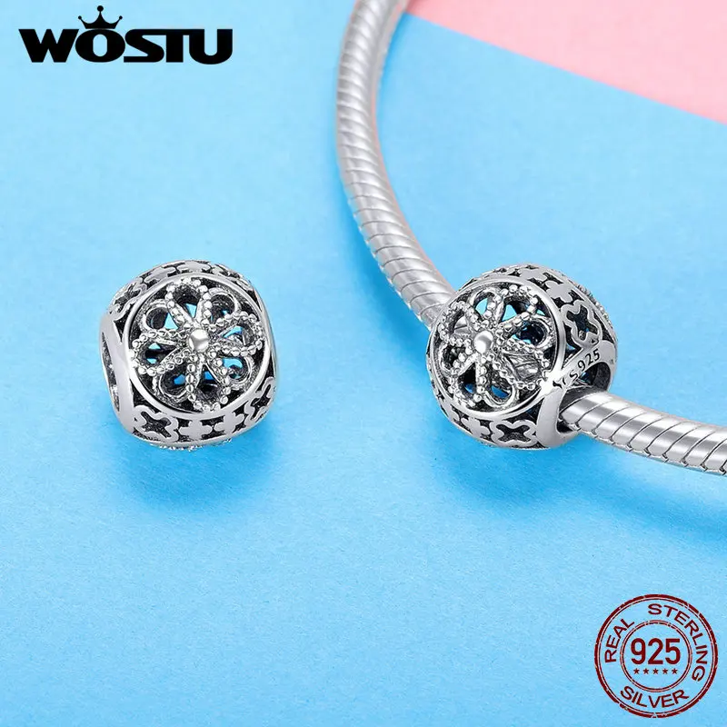 Женский винтажный браслет WOSTU из серебра 925 пробы с цветами и ажурными бусинами