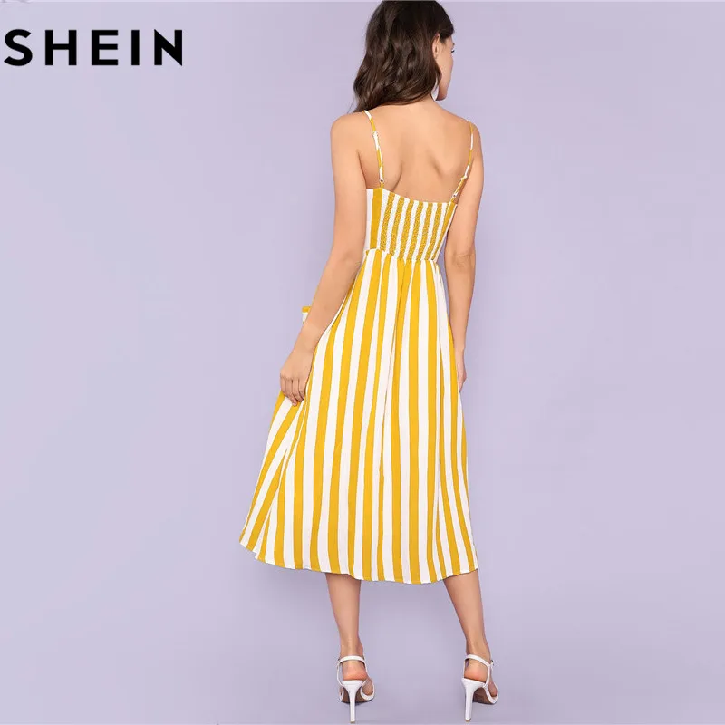 SHEIN Летнее Платье Женские Полосатые Платья С Высокой Талией Платье Сарафан На Бретельках Для Отдыха