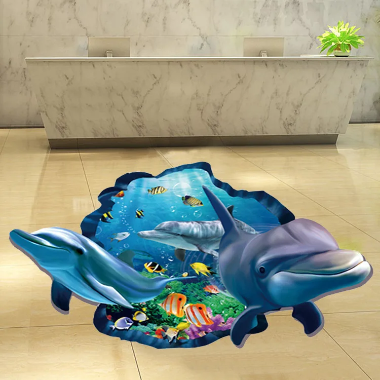 

3D Ocean Dolphin Ground Painting Three-Dimensional Living Room Bedroom Removable Home Decorations Waterproof Wall Sticker