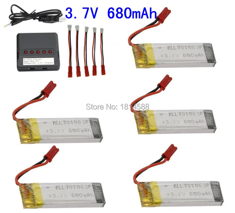 

5 in1 battery charger with 5pcs 3.7v 680mah battery and 5pcs JST charging cable for UDI U817 U818A U818 V959 S023G RC Quadcopter