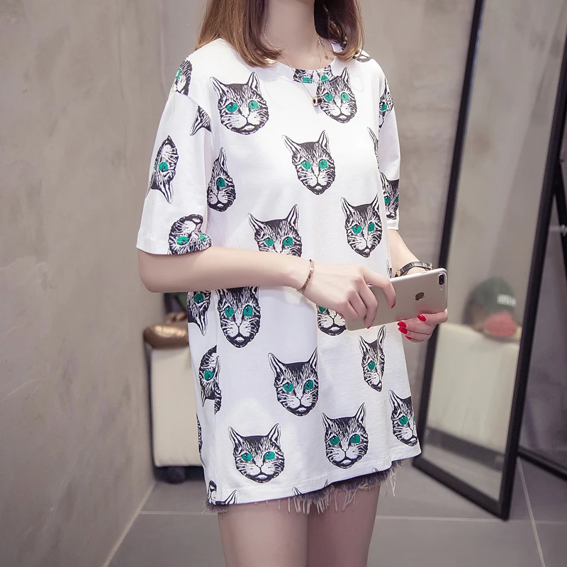 2018 L ~ 4XL модные короткий рукав с принтом кота хлопковая футболка лето плюс Размеры